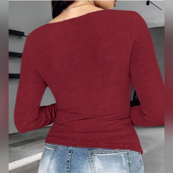 ChicMe Red Ribbed Fitted Top with Long Sleeves Built-bra Women's XL - Picture 2 of 16